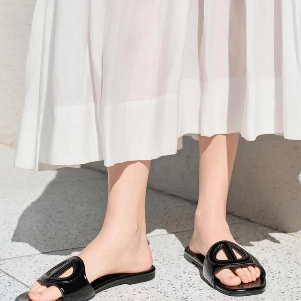 Women's Leather Flat Sandals Open Toe Slip-On Summer Beach Slides Size 9 - Picture 3 of 5